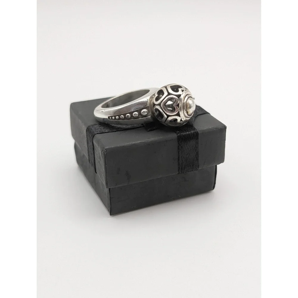 Brighton Silver Tone Swivel Heart Filigree Orb Statement Ring Size 6.5 with Box